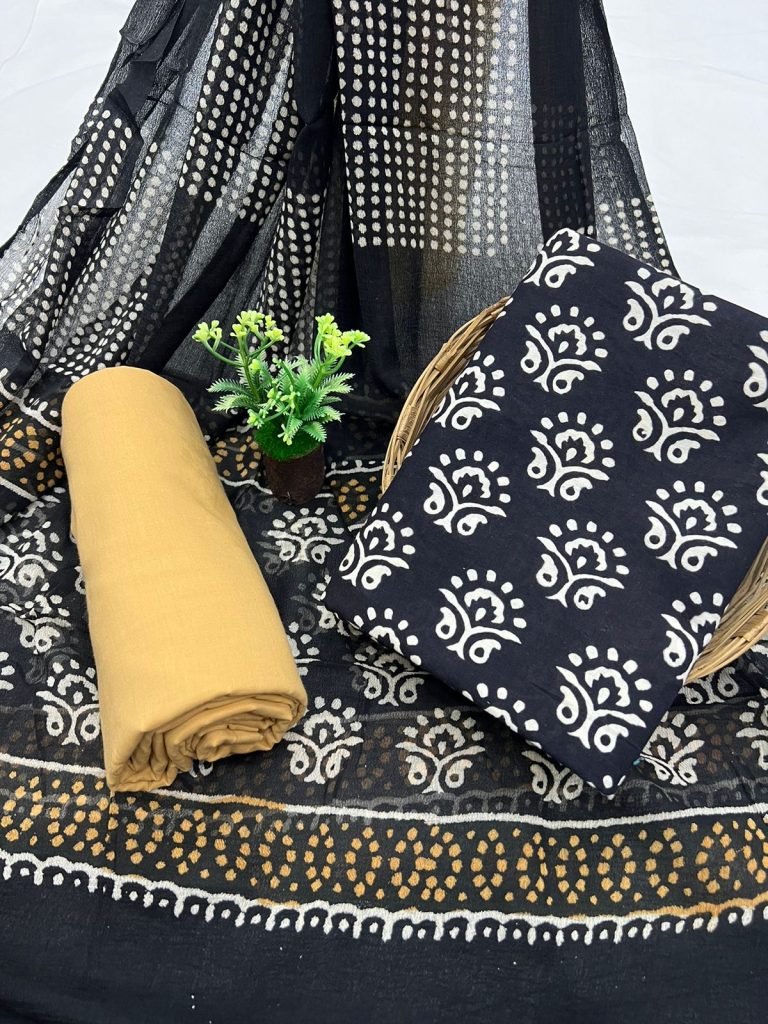Black hand block printed salwar suit with chiffon dupatta