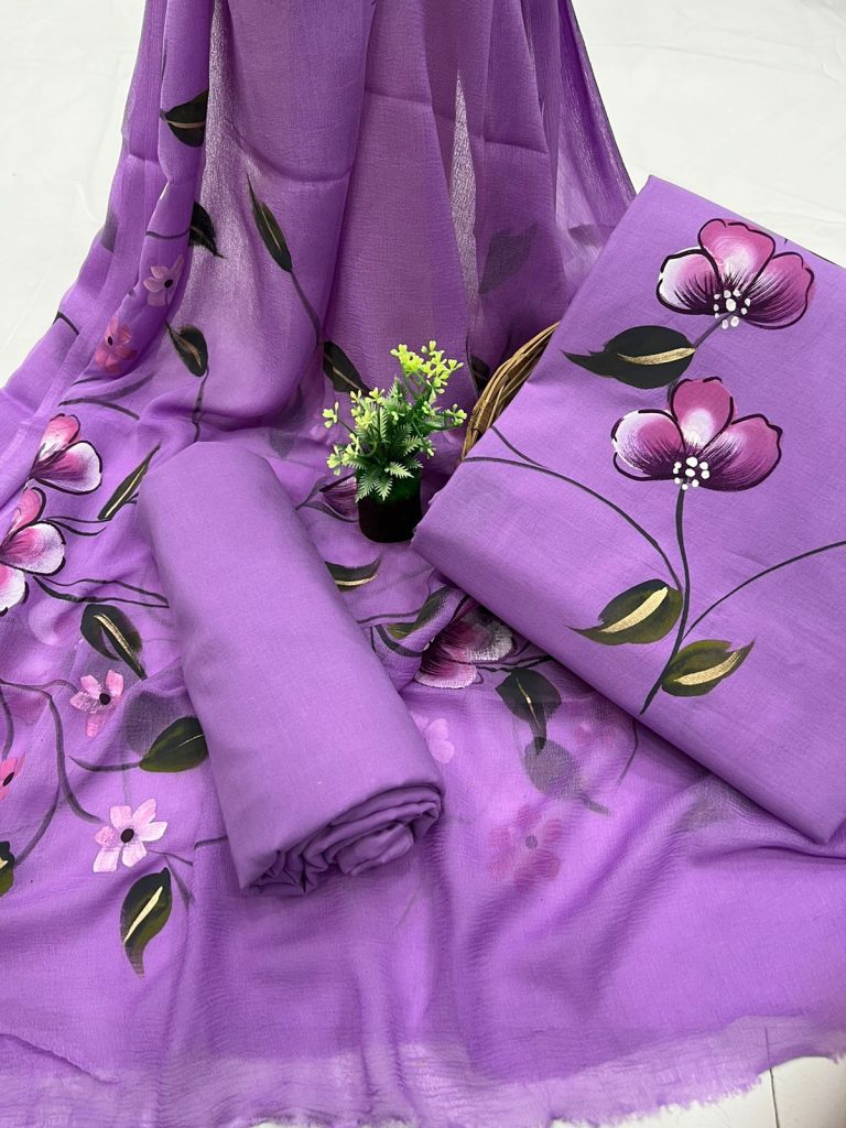 Amethyst cotton hand painted suit design with chiffon dupatta