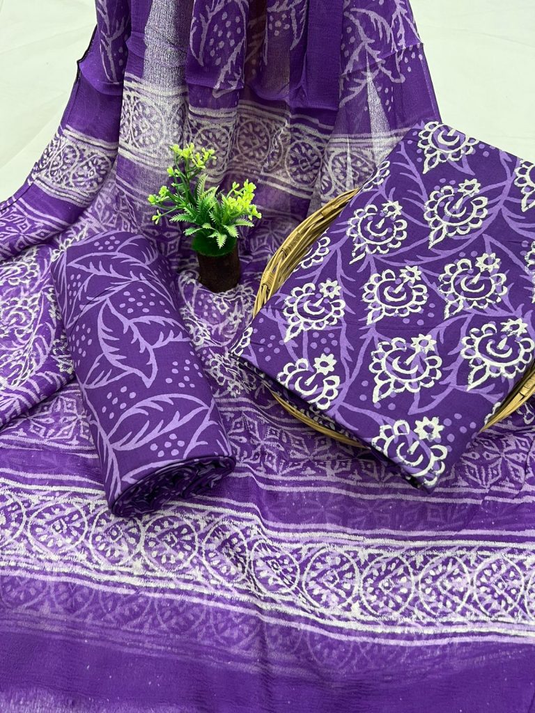 Dark violet cotton hand block printed unstitched salwar suit material online with chiffon dupatta