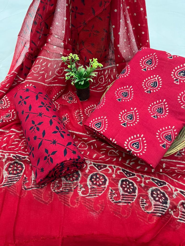 Alizarin cotton printed suit for ladies with chiffon dupatta