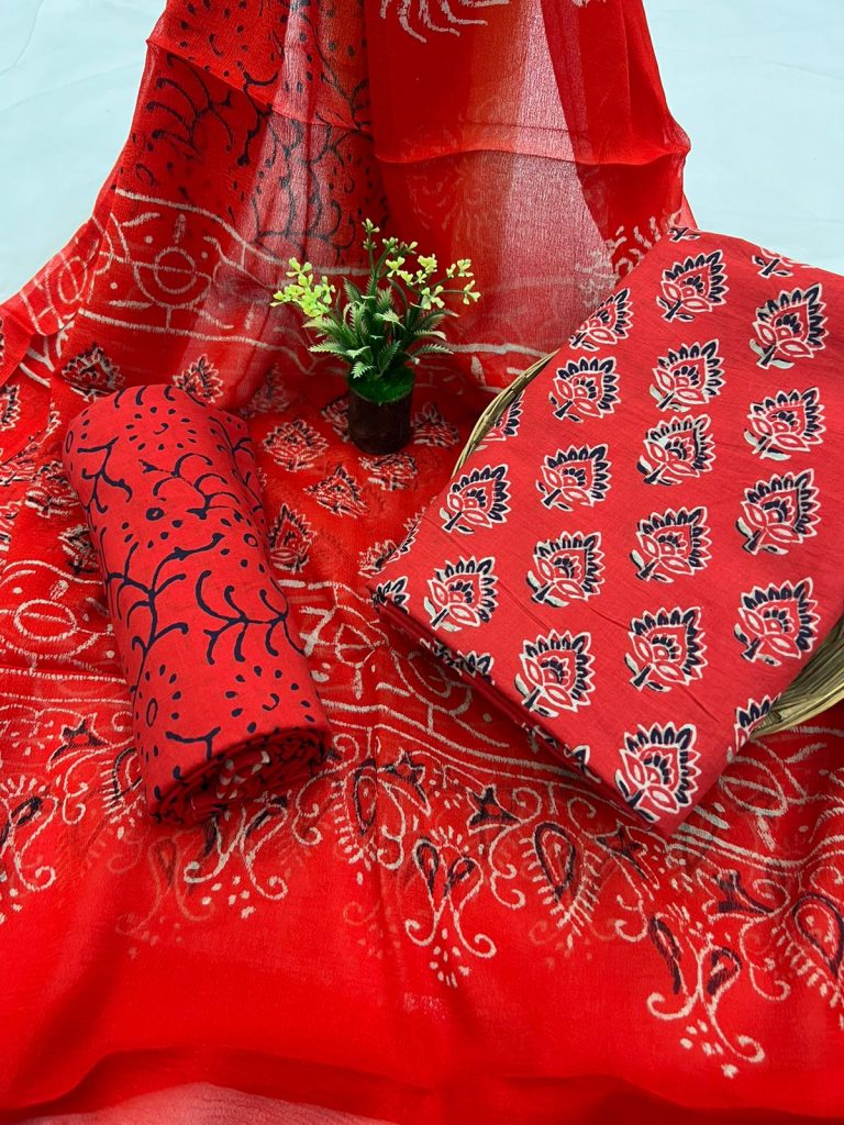 Imperial red cotton unstitched salwar suits online with chiffon dupatta