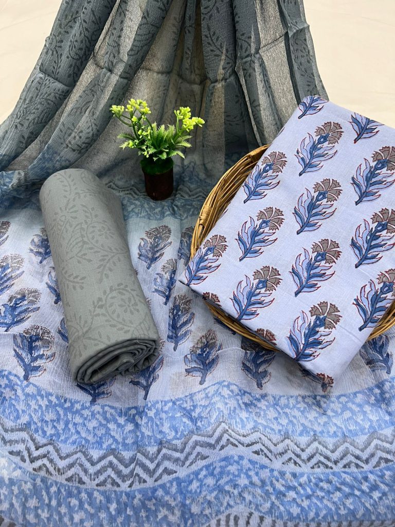 Light cobalt blue cotton unstitched salwar kameez material online with chiffon dupatta