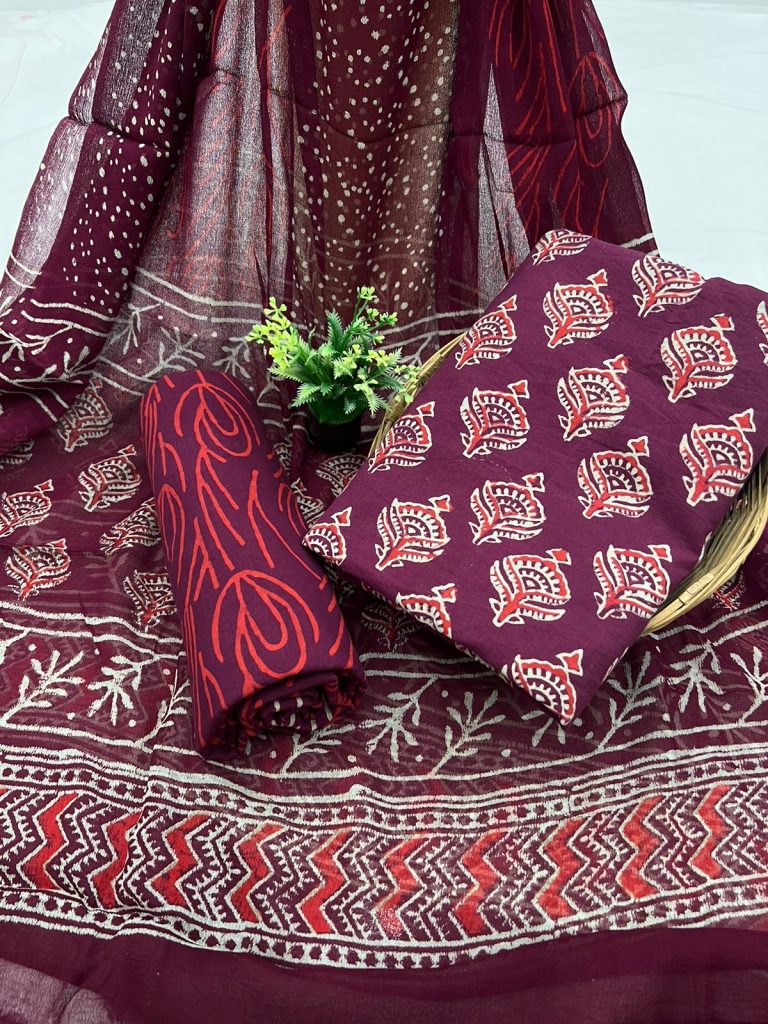 Claret cotton jaipuri salwar suit online with chiffon dupatta