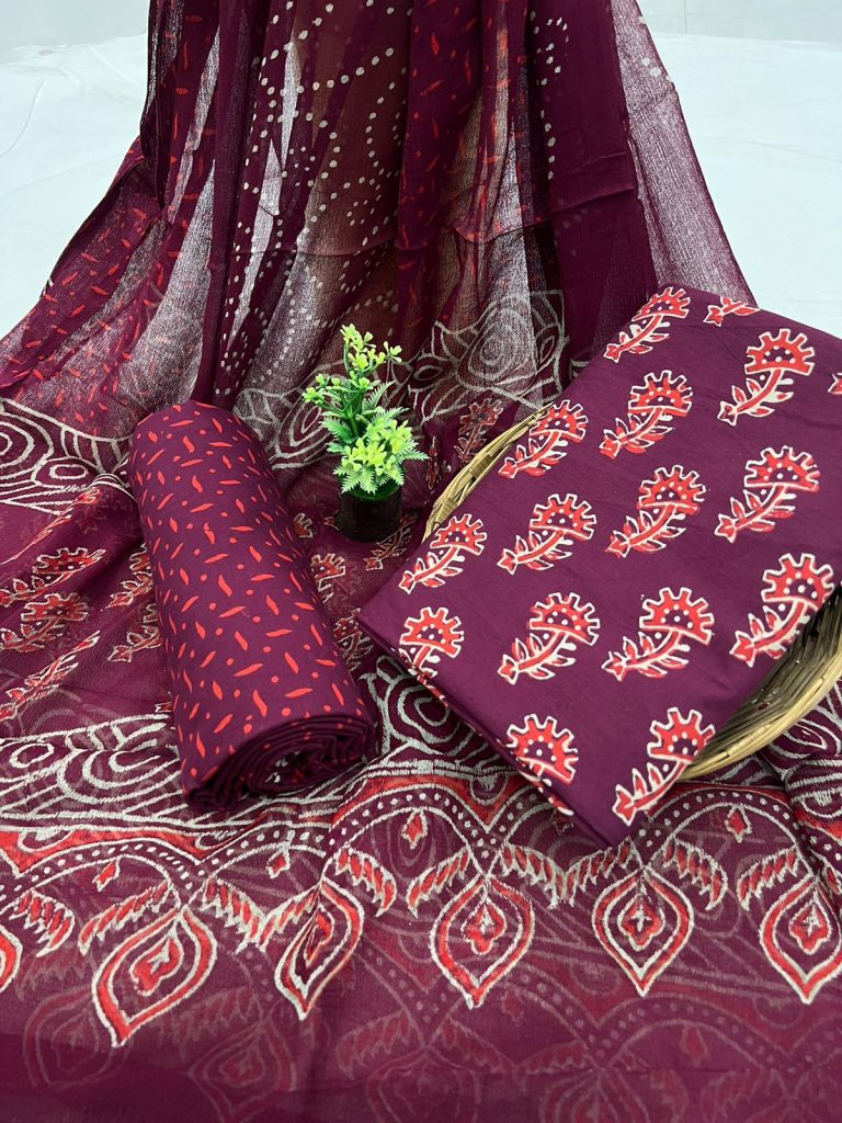Claret cotton simple printed salwar suit with chiffon dupatta