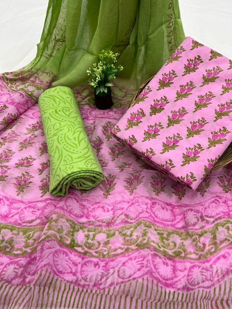Amaranth pink cotton block print salwar suits online with chiffon dupatta
