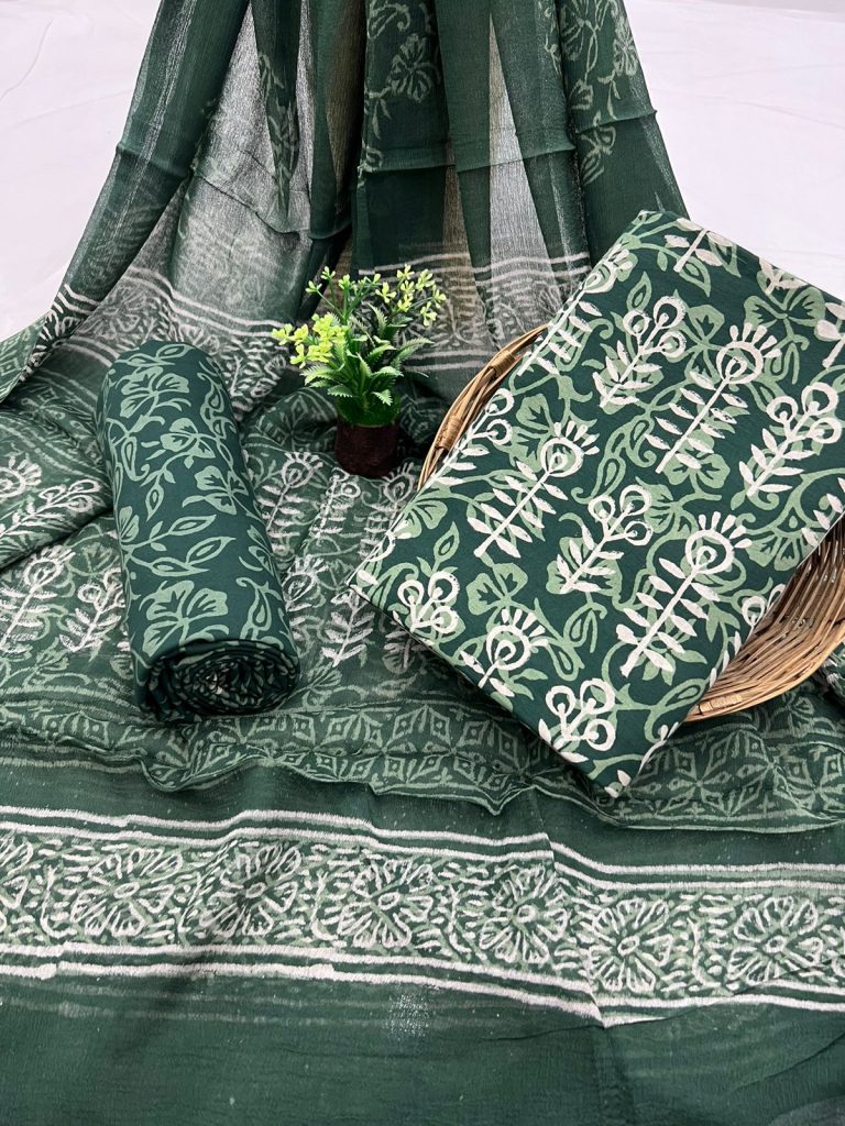 Amazon green cotton printed unstitched punjabi suit material with chiffon dupatta