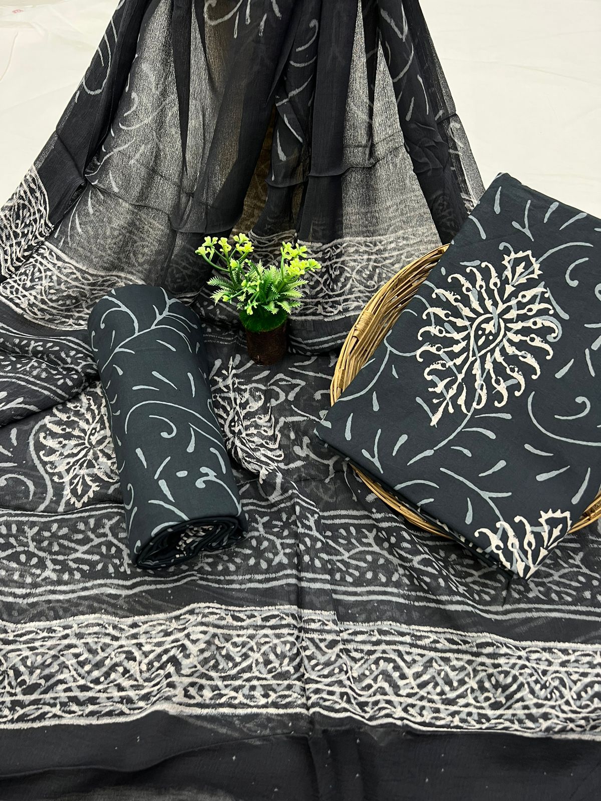 Black coral cotton jaipuri salwar kameez online shopping with chiffon dupatta