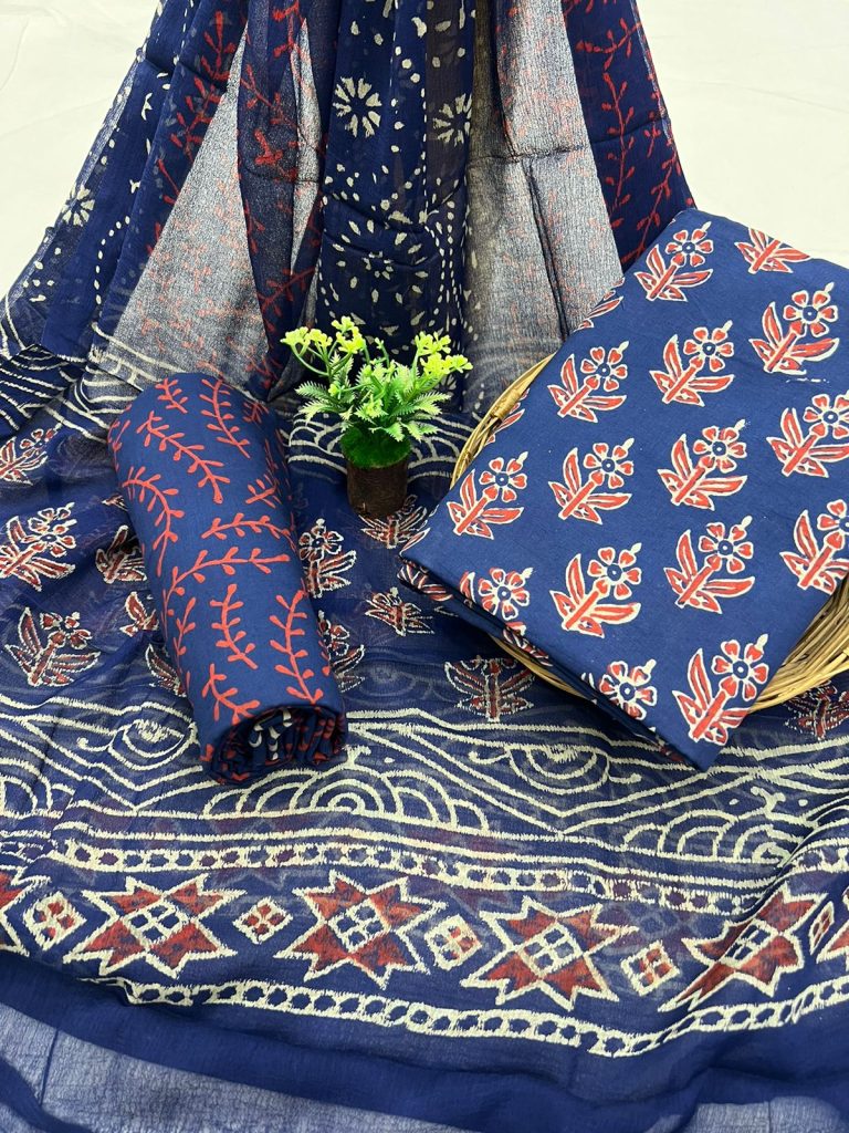 Cerulean blue cotton unstitched salwar kameez boutique with chiffon dupatta