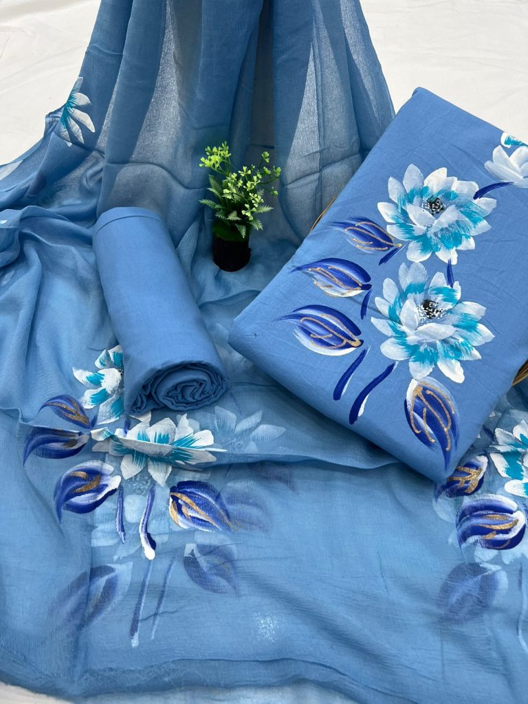 Dodger blue cotton hand painting punjabi suit with chiffon dupatta