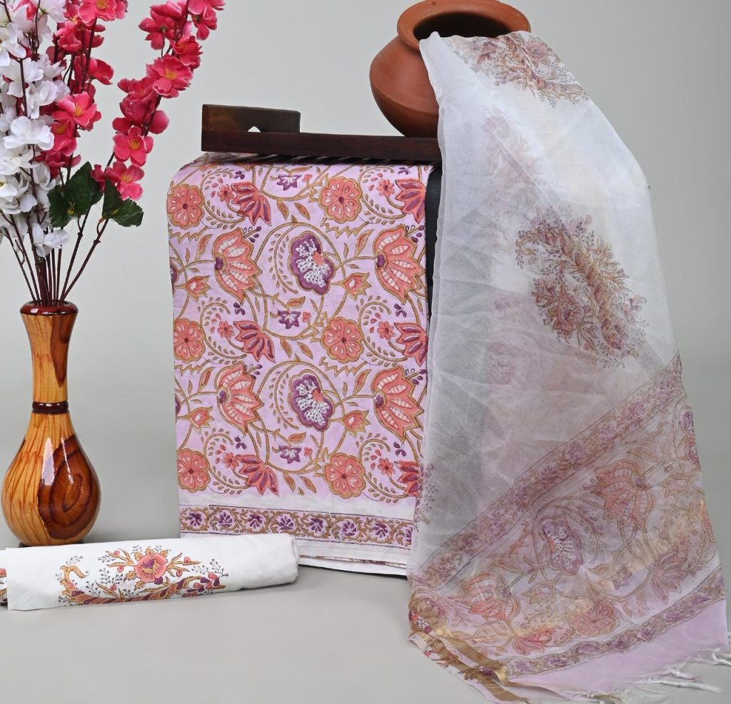 Cotton Candy pink block printed cotton suit with organza dupatta