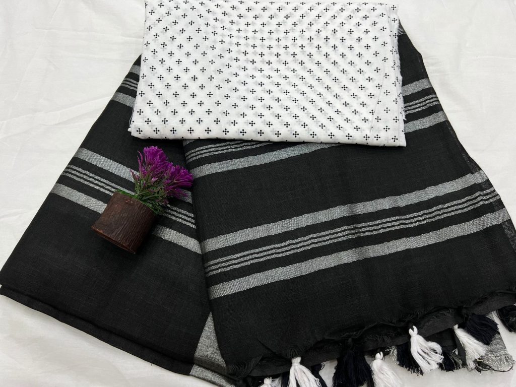 Black plain linen saree with white cotton blouse