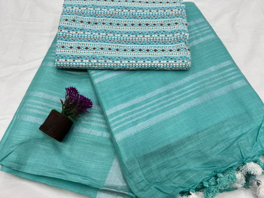 Daily wear Bright Turquoise plain linen saree