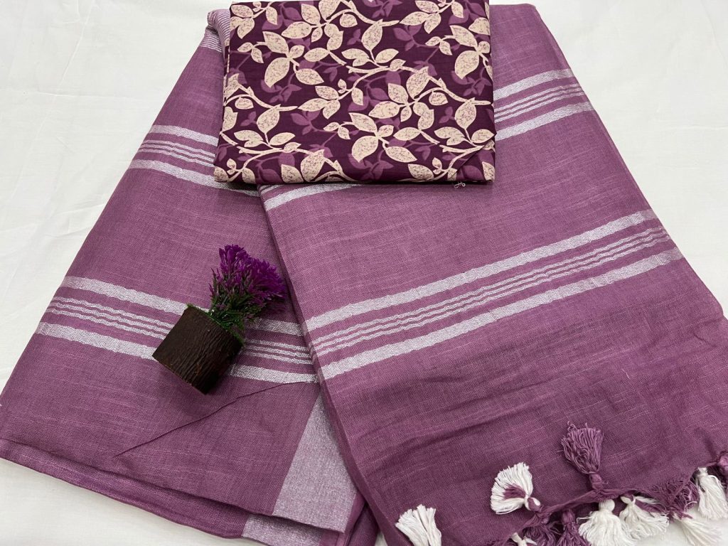 Daily wear Byzantium color plain linen saree with cotton blouse