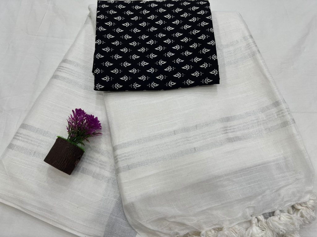 Pure white daily wear plain linen saree for ladies