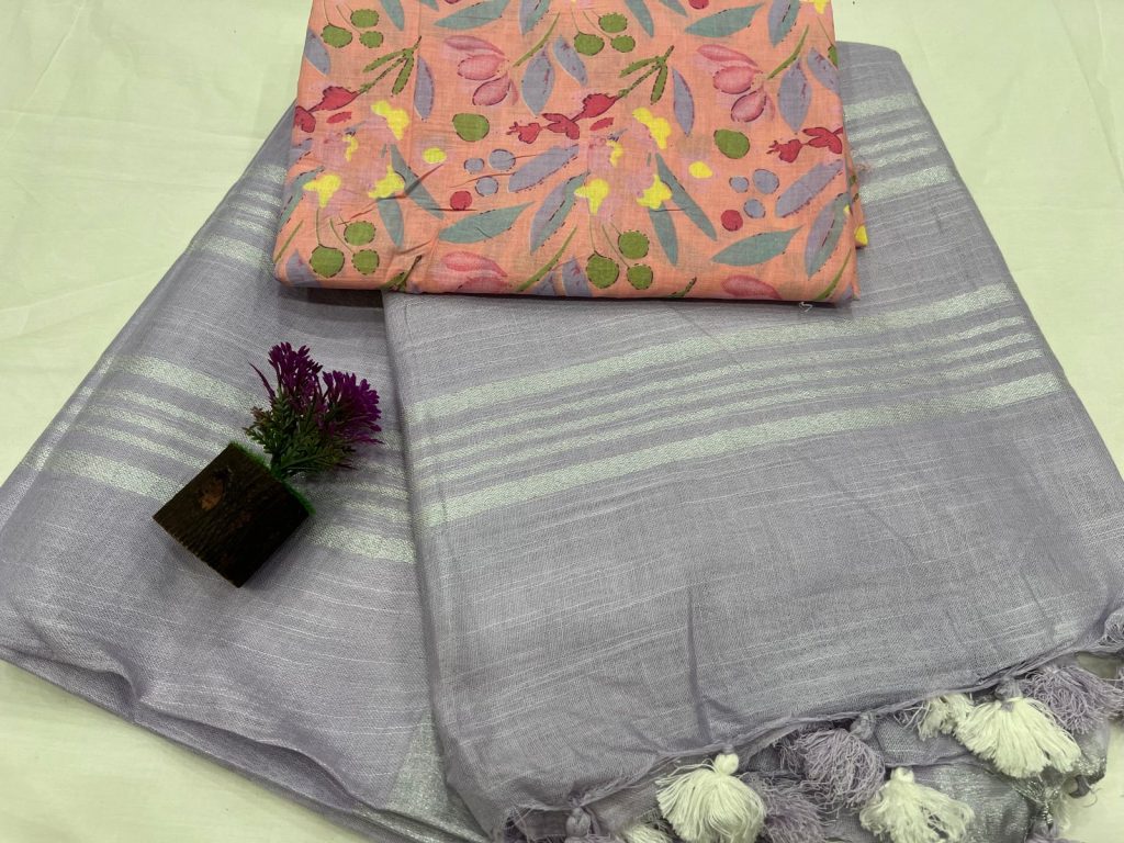 Daily wear cheap Gray color plain linen saree
