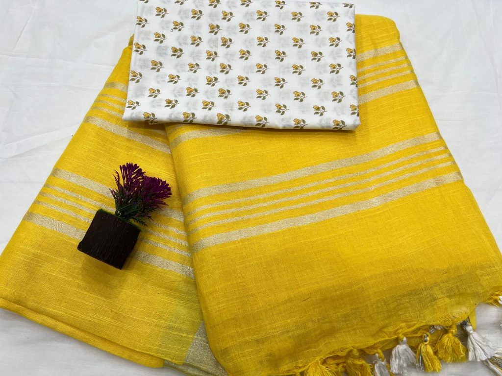 Daily wear plain linen saree with white printed cotton blouse