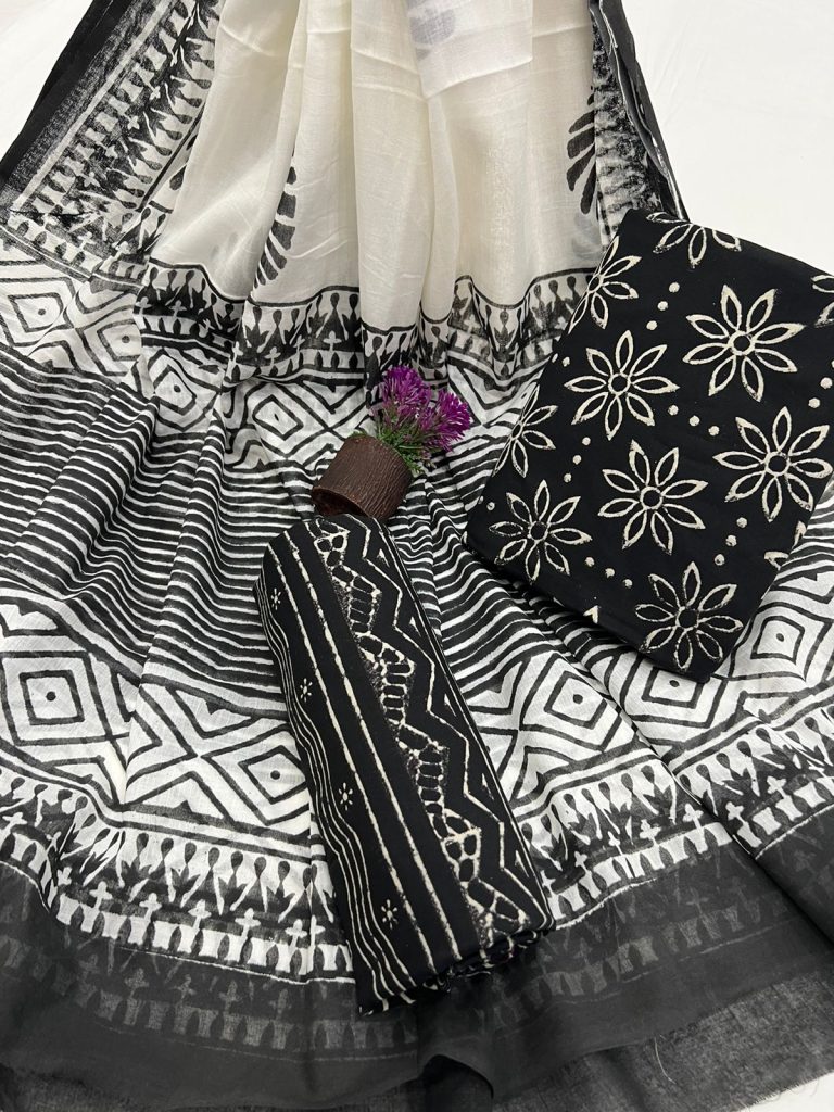 Black and white unstitched salwar kameez sale with cotton dupatta
