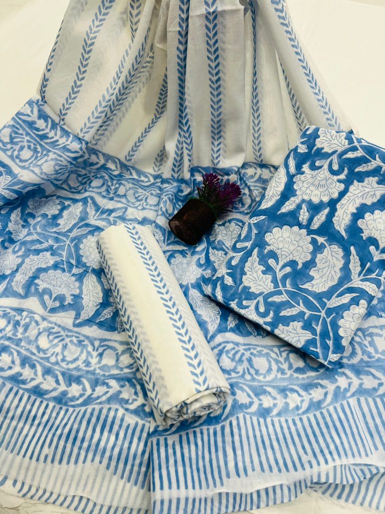 Quarterdeck blue and white unstitched suit piece online with cotton dupatta