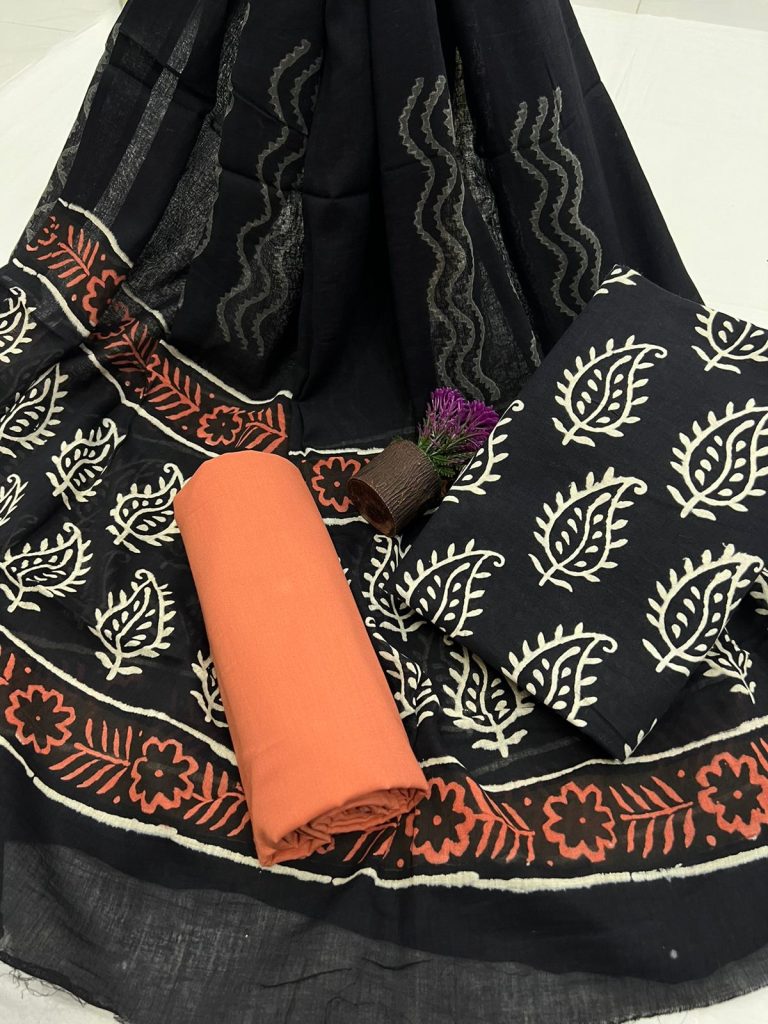 Black unstitched ladies salwar kameez with cotton dupatta