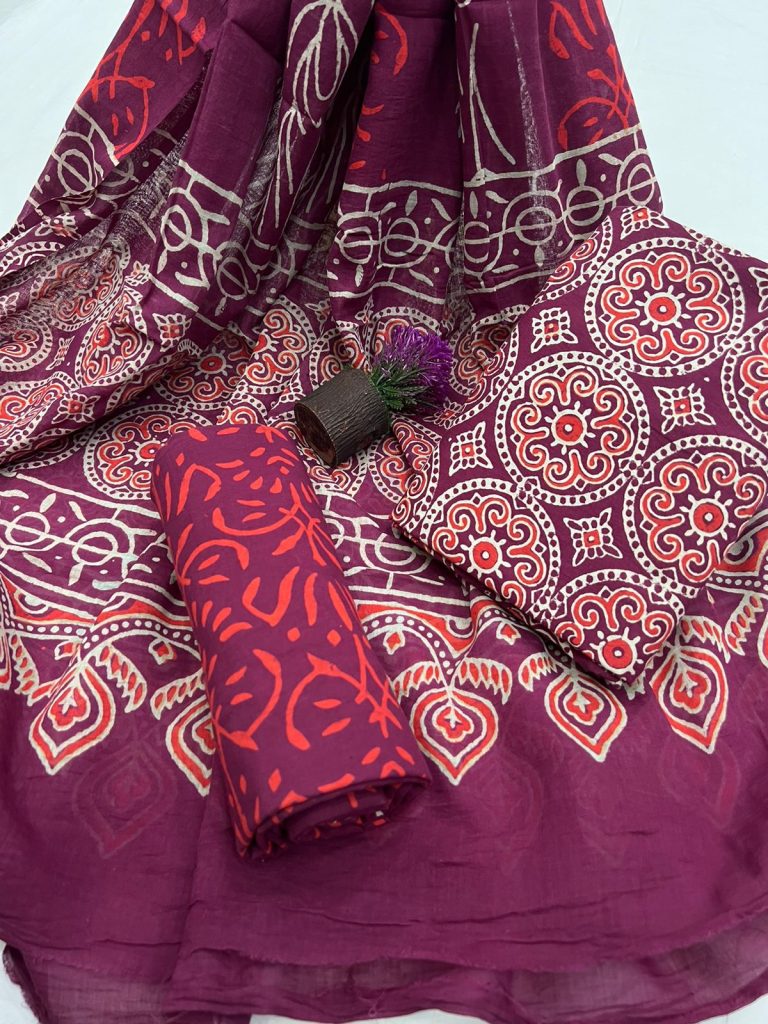 Deep Claret unstitched ladies salwar suit with cotton dupatta
