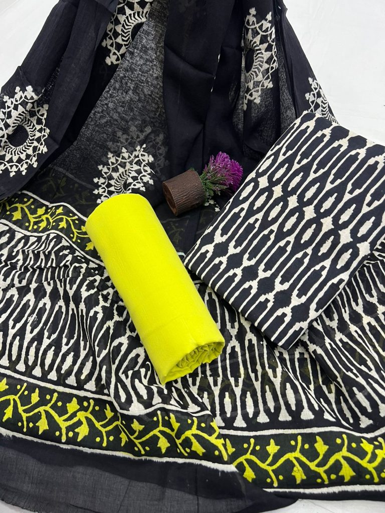 Black and yellow designs for printed salwar suits with cotton dupatta