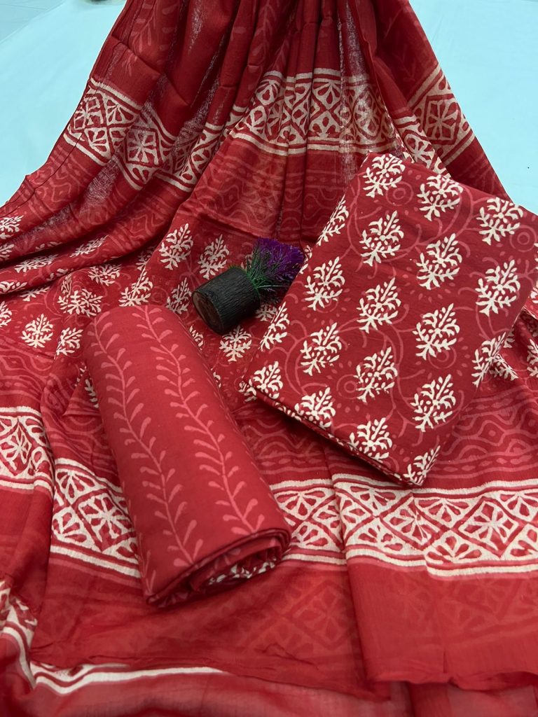 Red Contrast unstitched simple salwar kameez with cotton dupatta