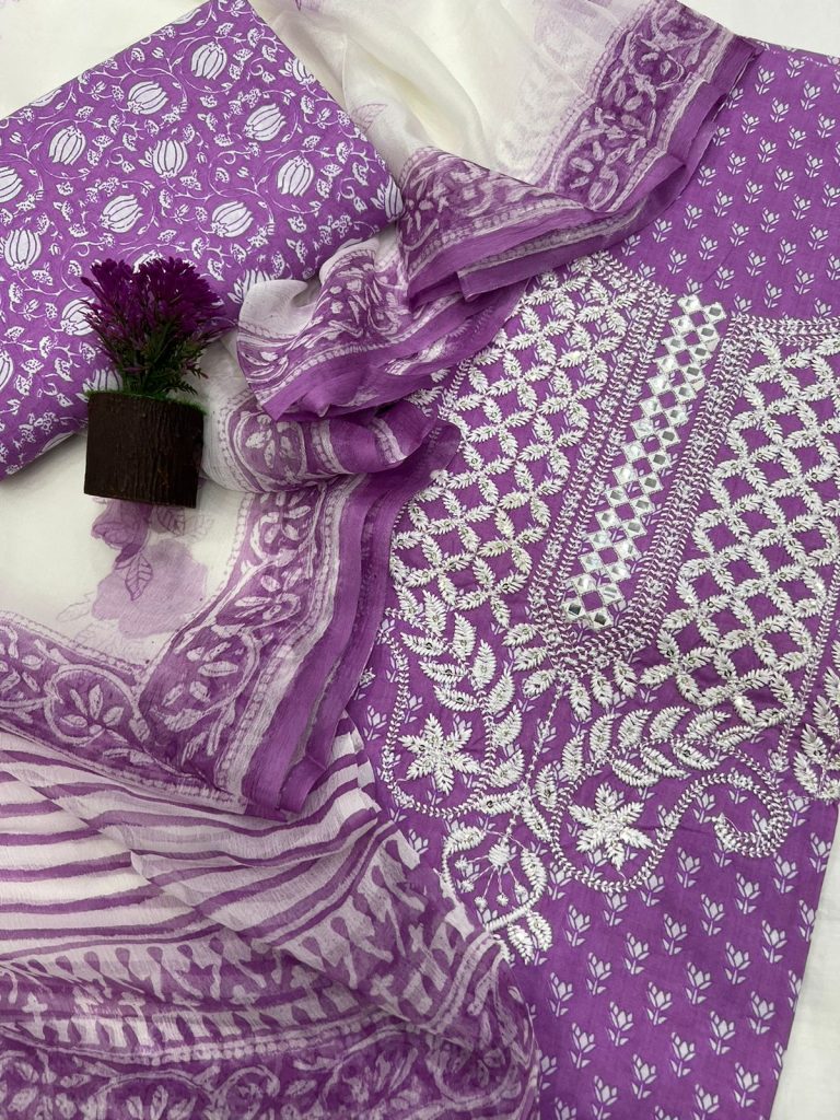 Amethyst printed cotton work suit with fancy dupatta