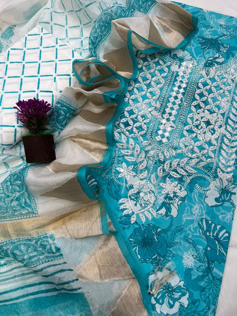 Blue Green printed cotton work suit with fancy dupatta