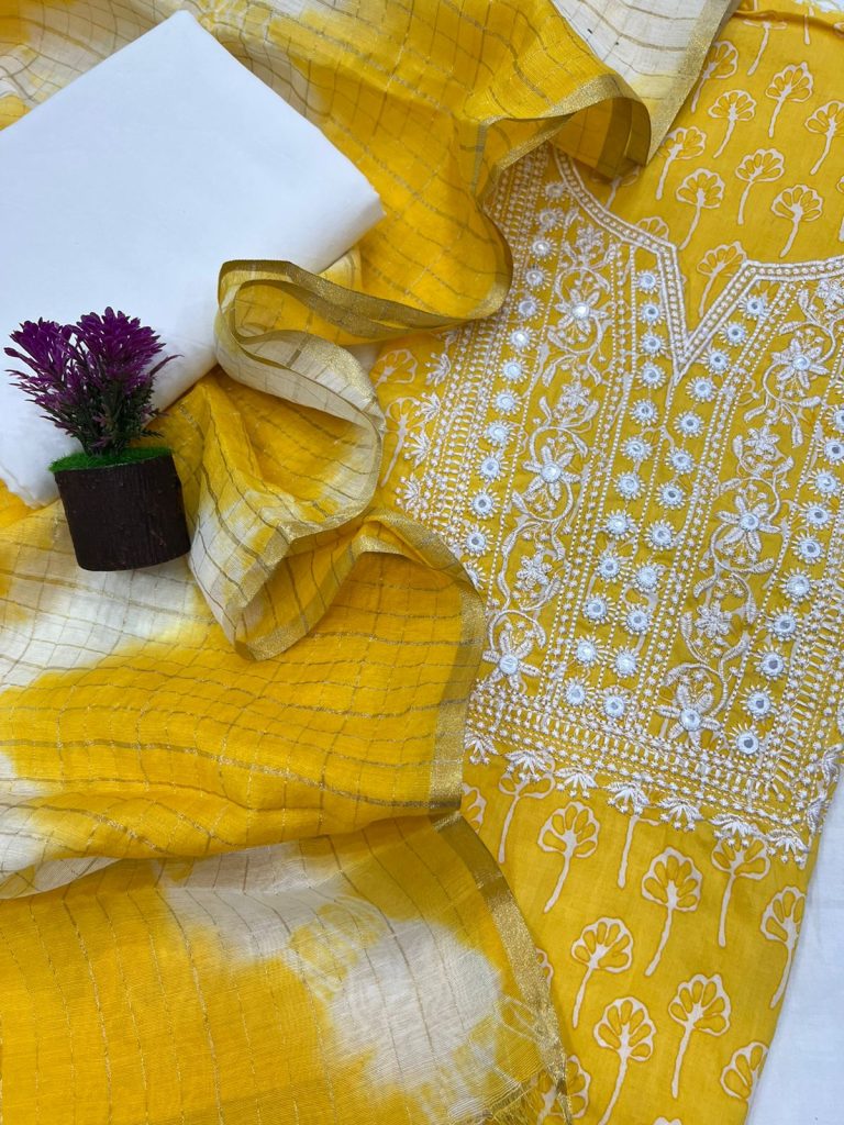Goldenrod printed cotton suit with fancy dupatta