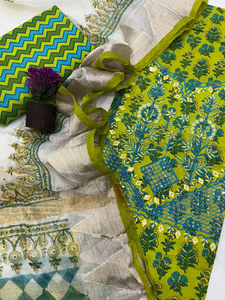 Citron green printed cotton work suit with fancy dupatta