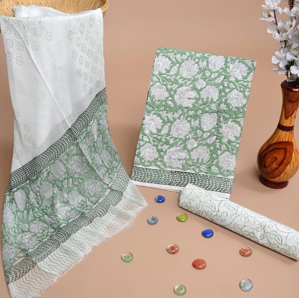 Celadon green cotton printed salwar suit online with chiffon dupatta