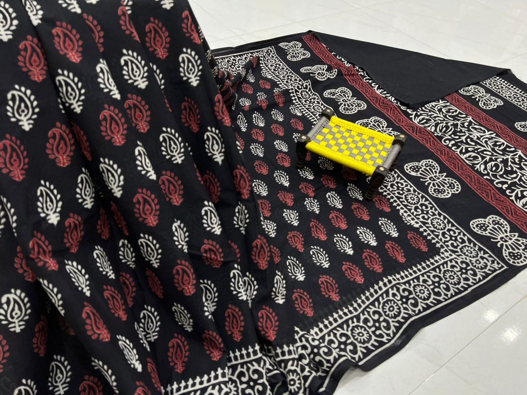 Black block print cotton saree