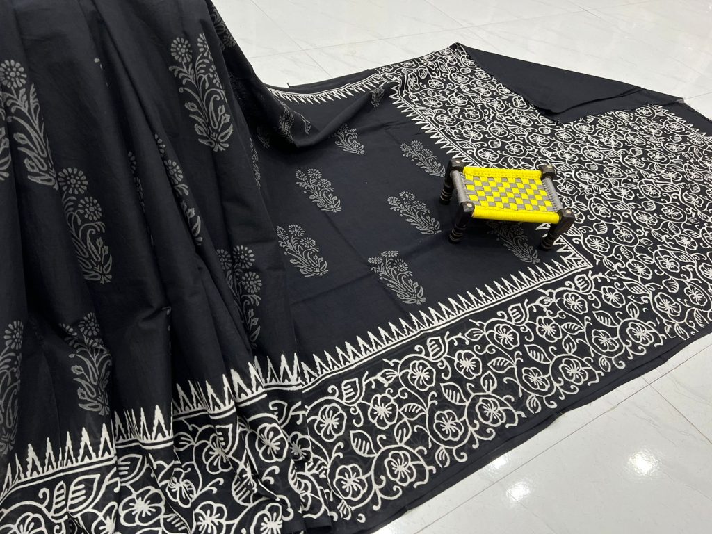 Black cotton mulmul daily wear printed saree