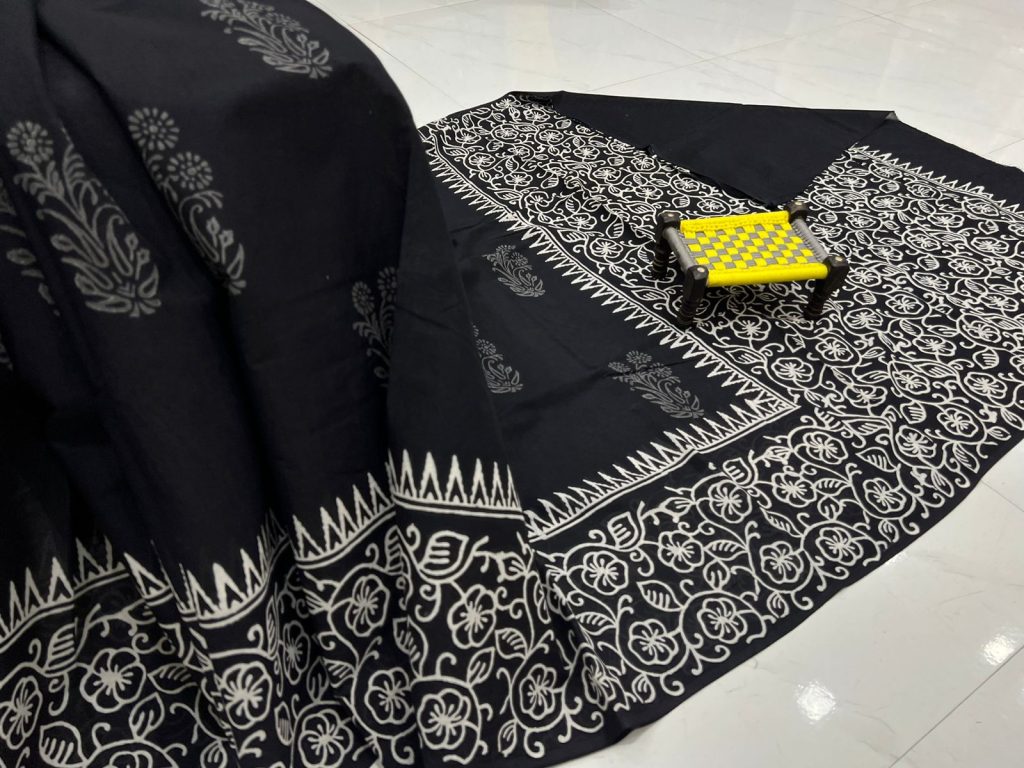 Black hand block print handloom cotton sarees