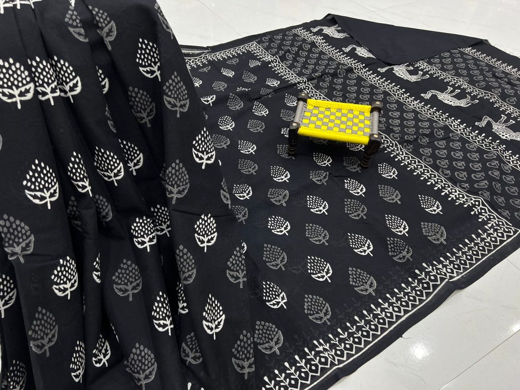 Black hand block printed cotton saree for daily wear
