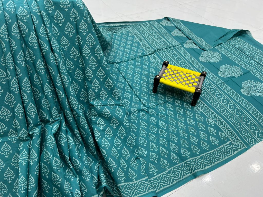 Blue Green cotton printed saree online