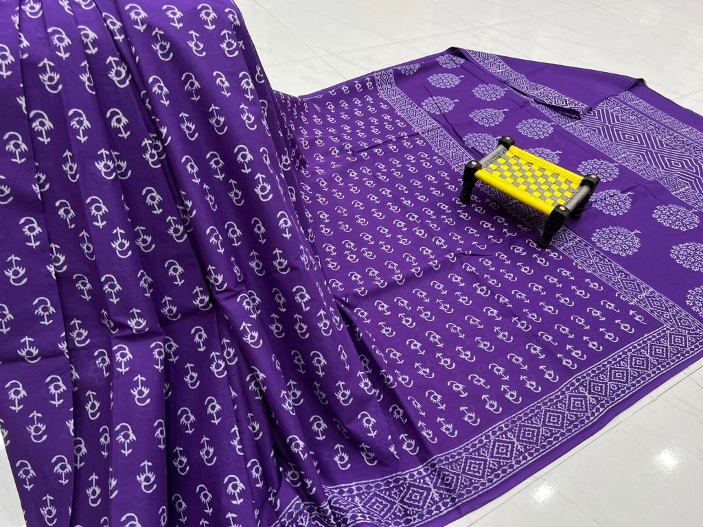 Blue Violet hand block printed cotton mulmul daily wear saree with price