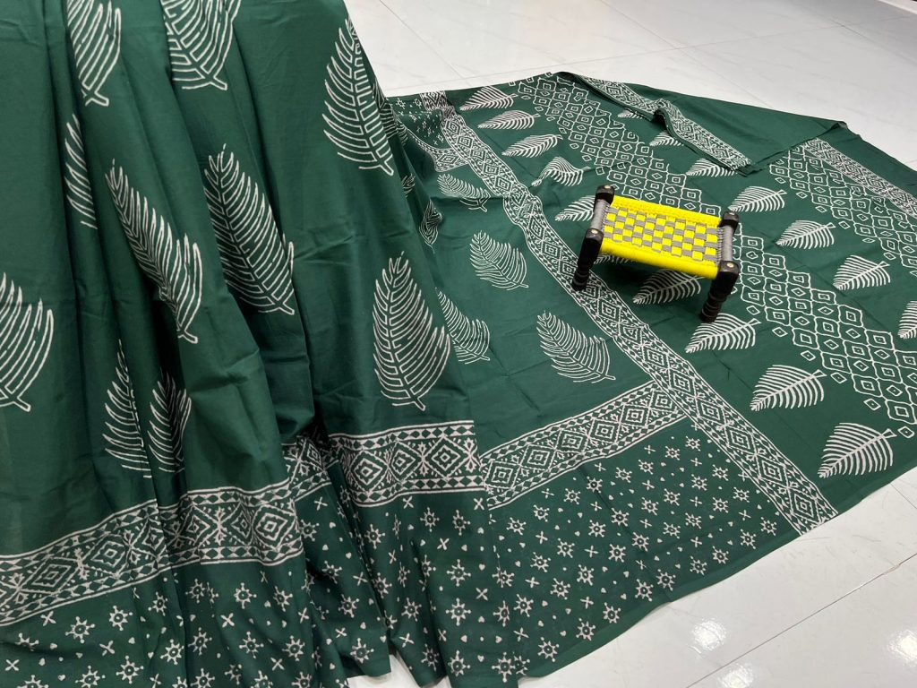 Cadmium green hand block printed soft pure cotton saree