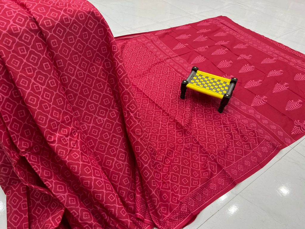 Cardinal hand block printed cotton mulmul saree online