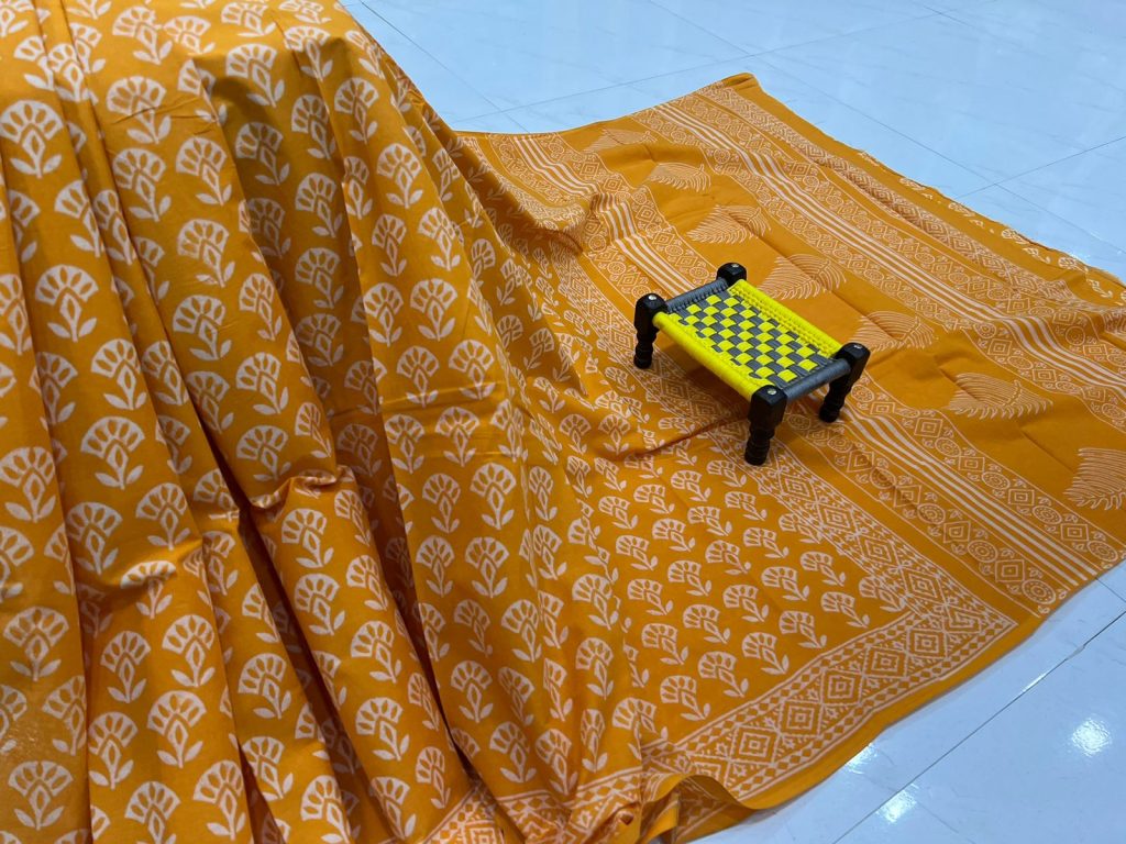 Carrot Orange block print cotton sarees