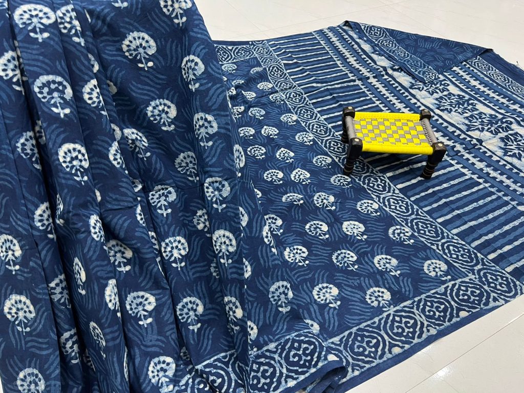Indigo blue block printed cotton mulmul daily wear saree online shopping
