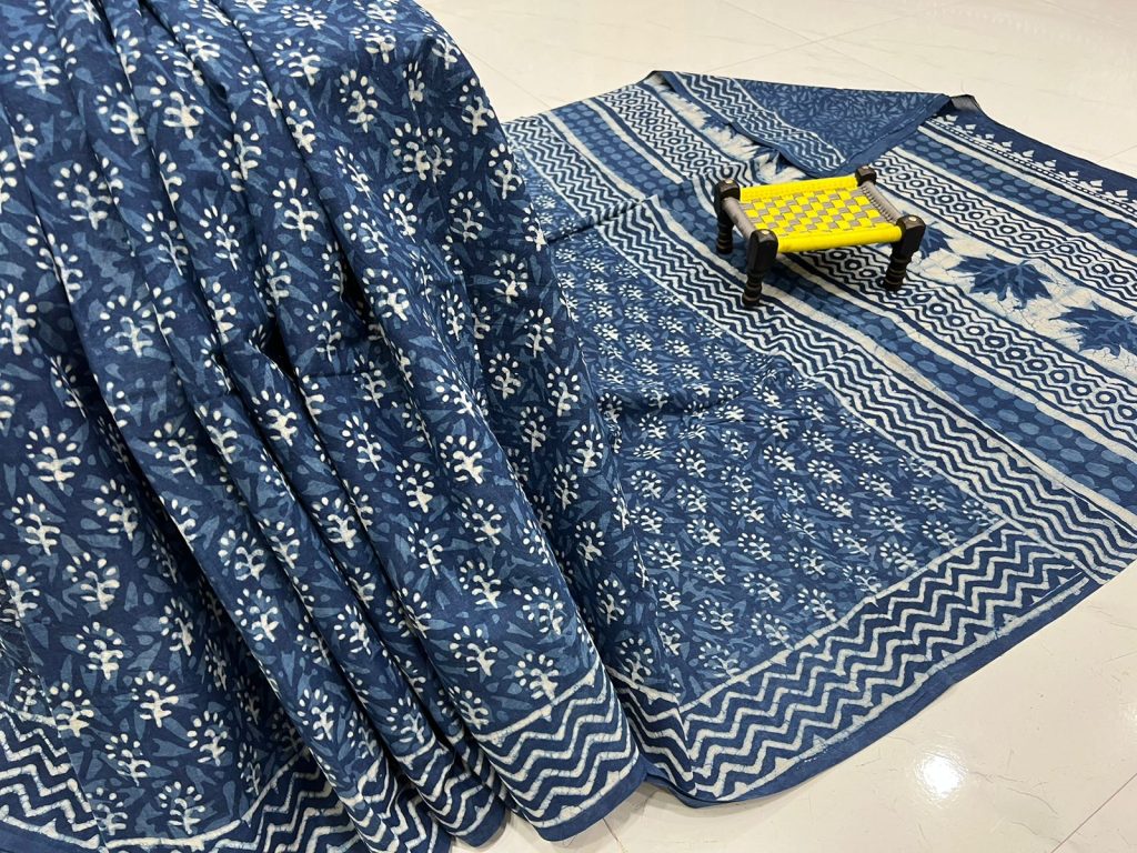 Indigo blue cotton printed saree