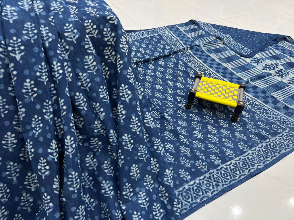 Indigo blue hand block print daily wear cotton sarees