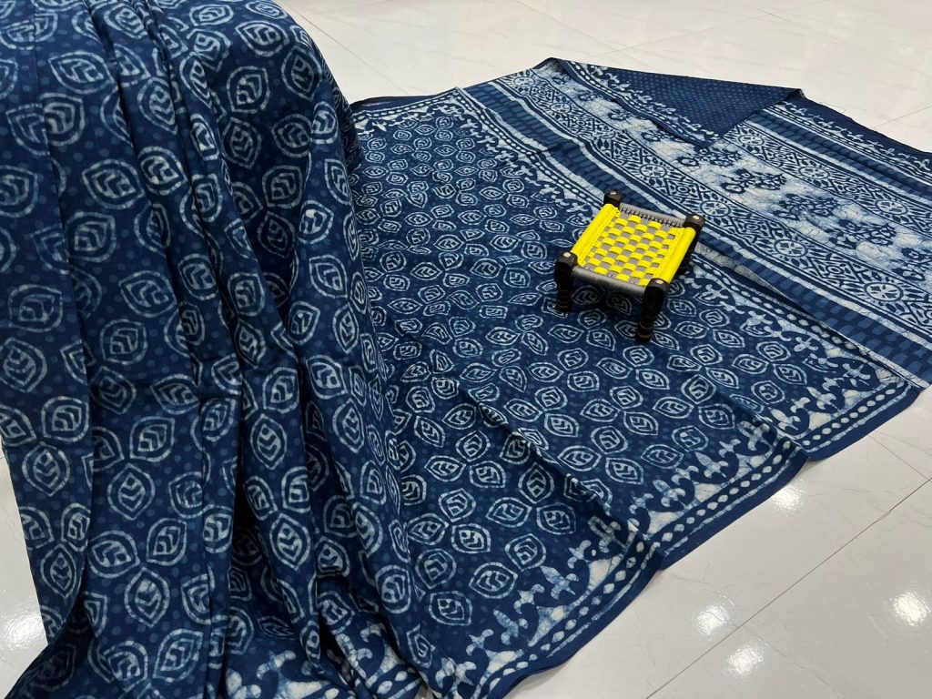 Indigo blue hand block print mulmul cotton sarees with price
