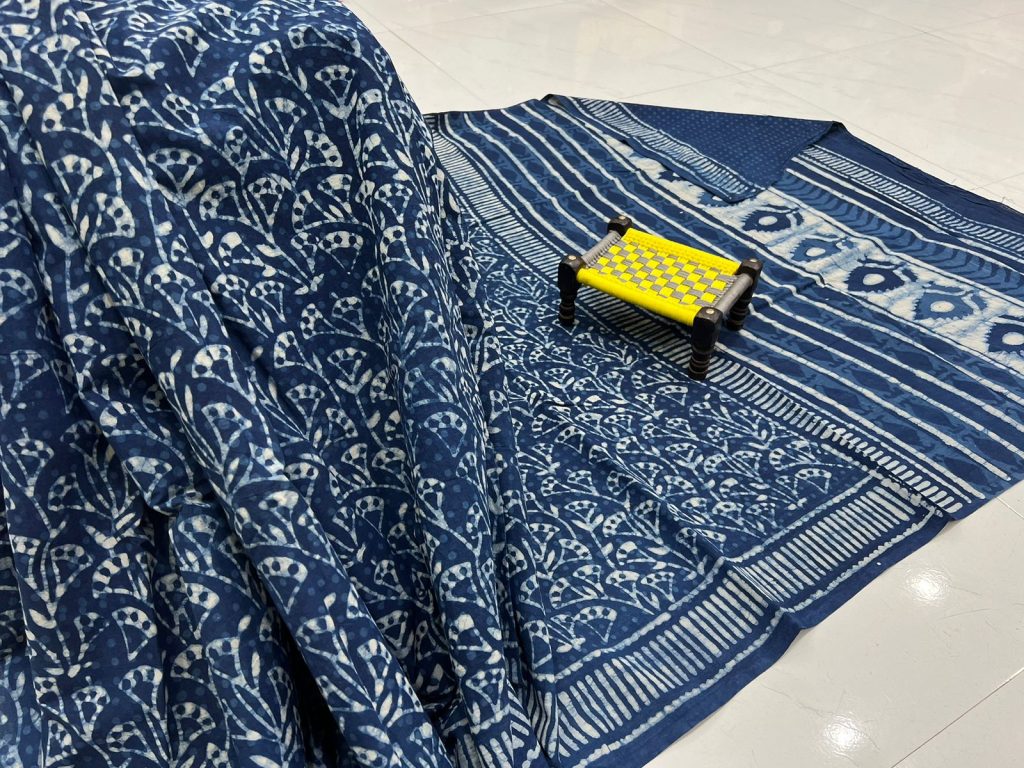 Indigo blue hand block printed cotton sarees wholesale