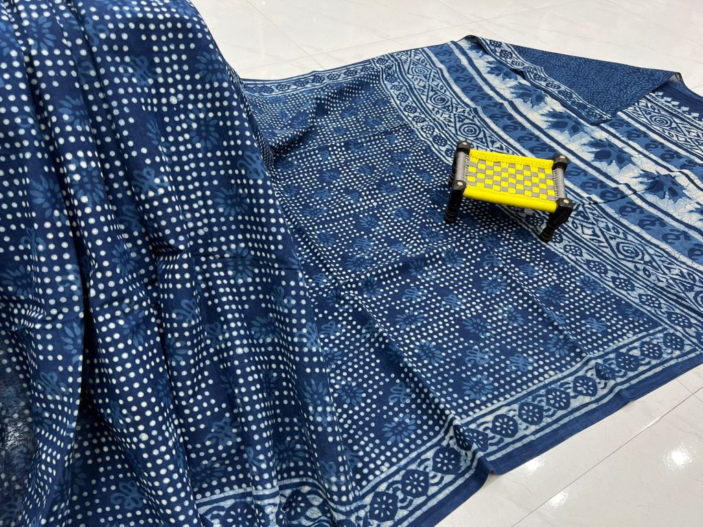 Indigo blue printed cotton saree online