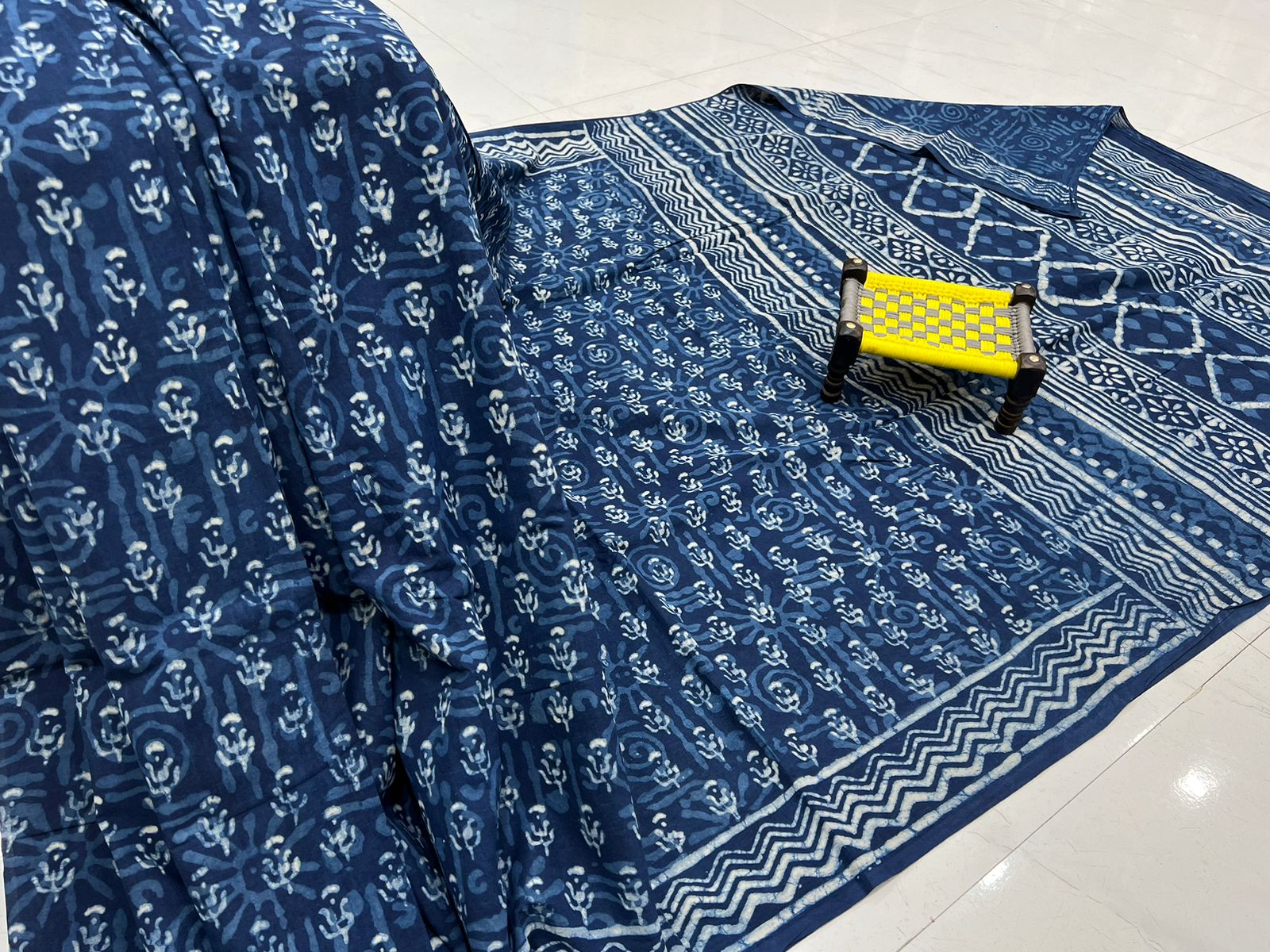 Indigo blue printed cotton sarees wholesale