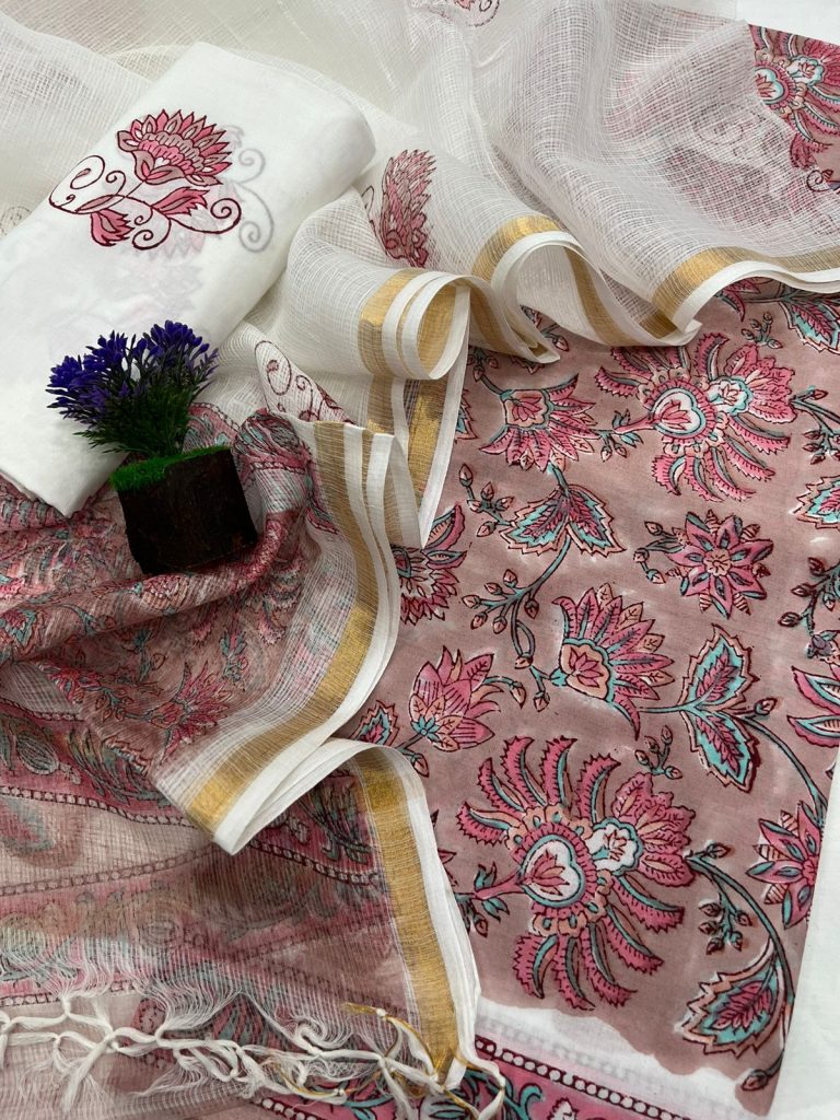 Copper Rose cotton block print suit set with kota doria dupatta
