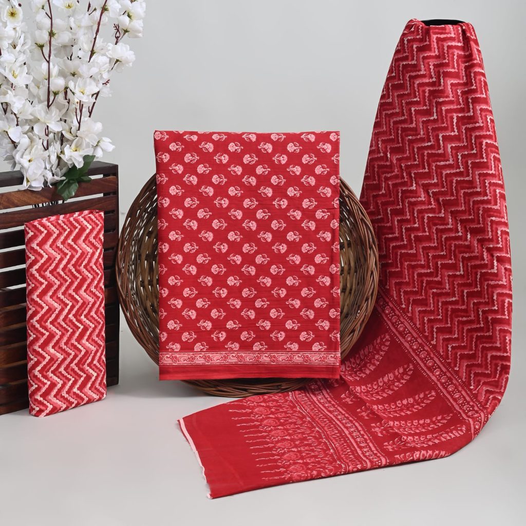 Alizarin crimson block print suits jaipur with cotton dupatta