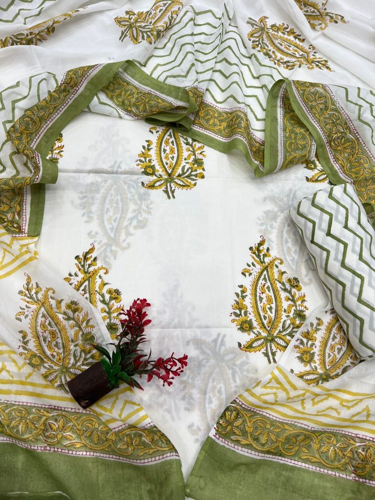 White mugal print cotton churidar dress design with cotton dupatta